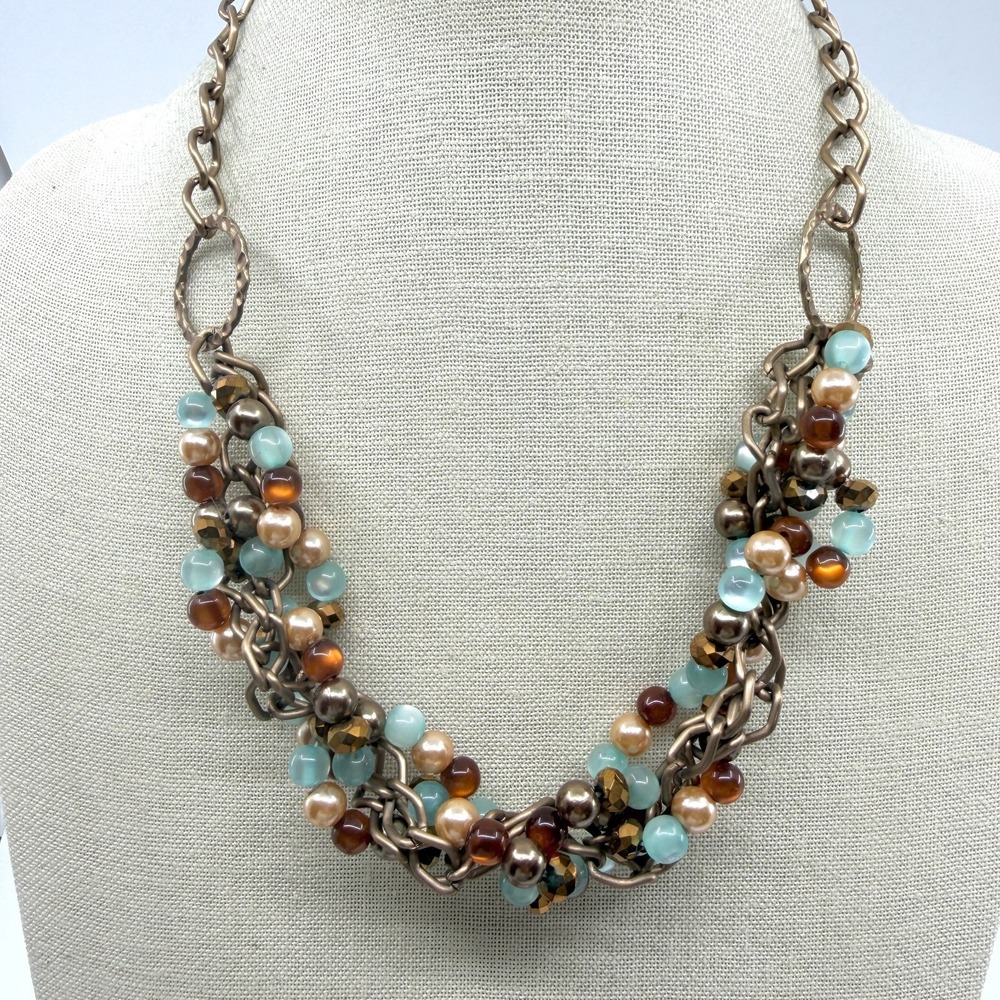 Antique Bronze Tone Aqua Brown Faux Pearl Bead Cluster Bib Statement Necklace